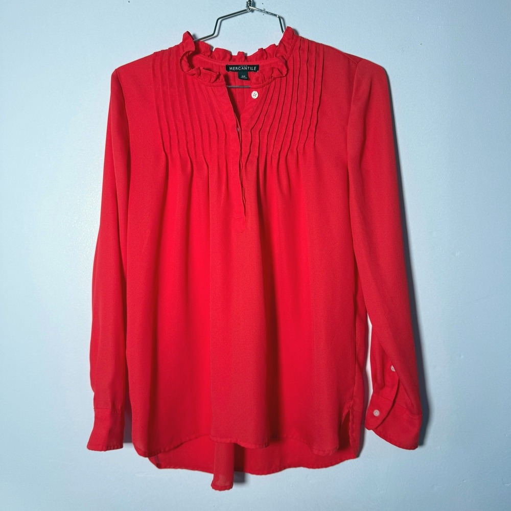 J.Crew Mercantile Red Ruffle Neck Pintuck Pleated Blouse Long Sleeve Size 00